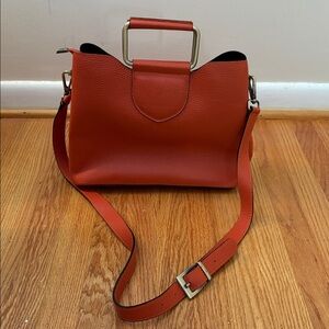 Isadora orange leather handbag w/square metal handles &removable crossbody strap